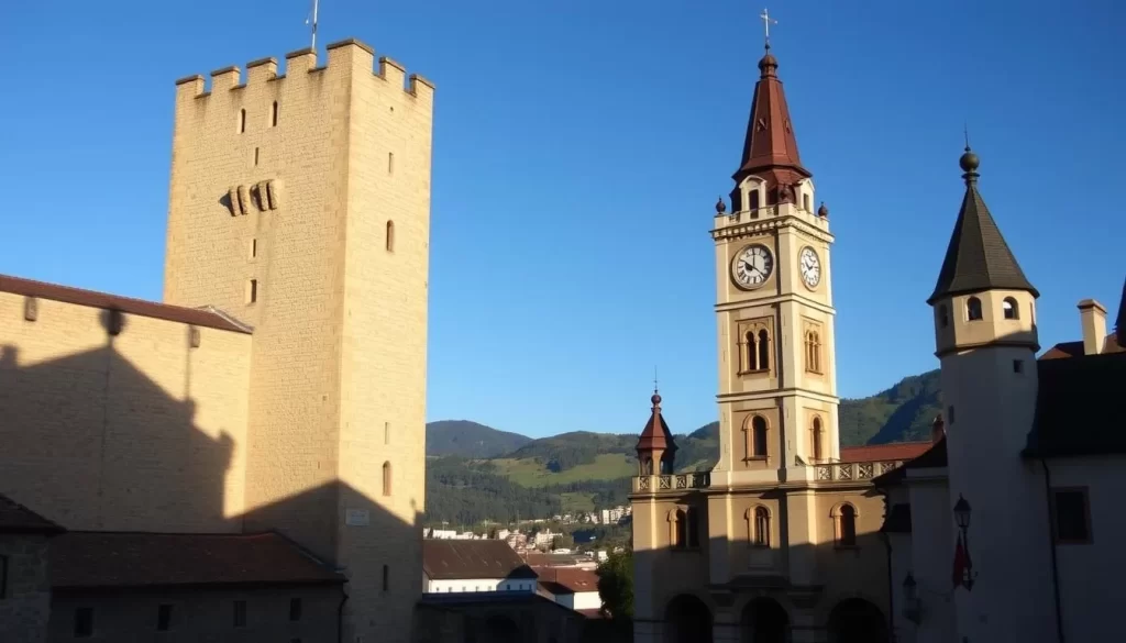 A panoramic view of the historic towers and gates of Feldkirch, Austria on a bright, sunny day. In the foreground, the imposing Schattenburg Castle tower rises majestically, its stone walls casting dramatic shadows. In the middle ground, the elegant Clock Tower and City Gate stand tall, their distinctive architectural details illuminated by the warm natural light. In the background, the rolling hills and lush greenery of the Vorarlberg region create a picturesque backdrop. The scene conveys a sense of timeless elegance and the enduring legacy of Feldkirch's rich history.