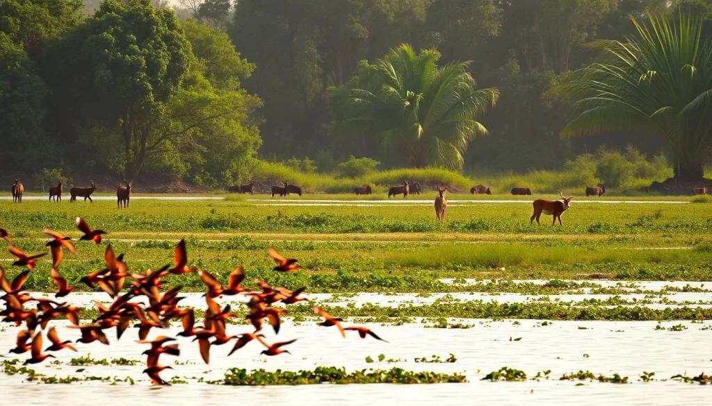 A panoramic view of the lush, verdant Sundarbans National Park, with a majestic Bengal tiger emerging from the mangrove forests. In the foreground, a flock of vibrant birds take flight, their colors reflecting in the calm, shimmering waters. In the middle ground, a group of deer graze peacefully, while in the background, the silhouettes of other wildlife can be seen amidst the dense foliage. The scene is bathed in warm, golden sunlight, creating a serene and awe-inspiring atmosphere that captures the rich biodiversity of this unique ecosystem.