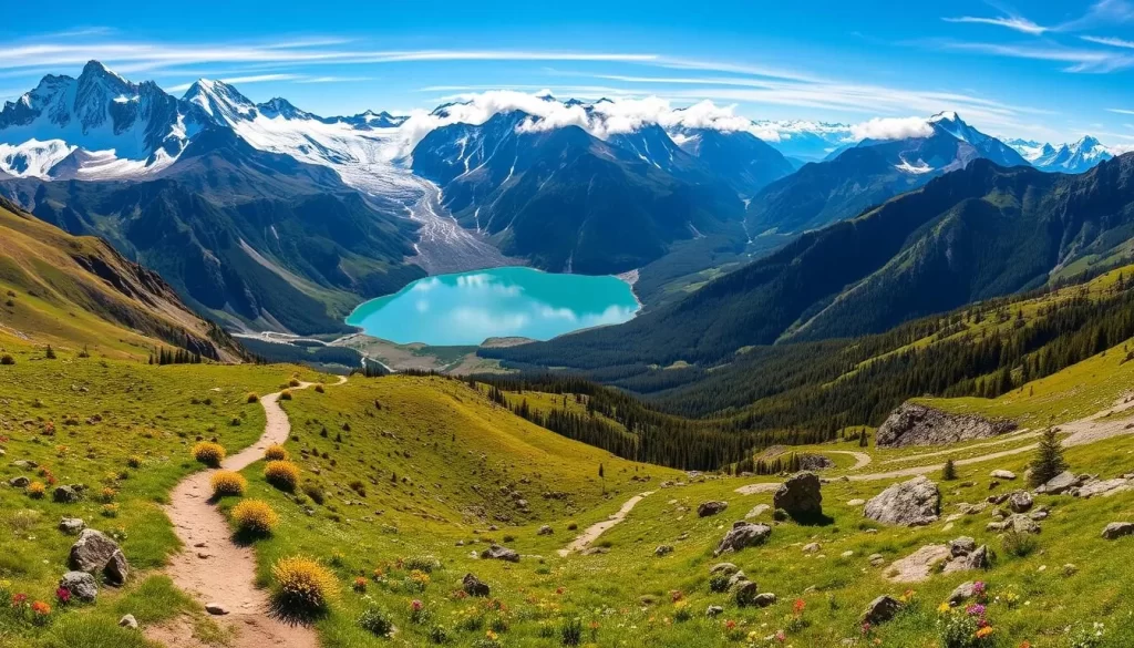 A panoramic view of the majestic Kyrgyzstan mountain range, with towering snow-capped peaks and rugged, ice-carved ridges stretching out towards the distant horizon. In the foreground, a winding mountain trail weaves through a lush meadow, dotted with vibrant wildflowers and glistening alpine streams. The middle ground features a dramatic, glacial-fed lake, its turquoise waters mirroring the surrounding peaks and the warm, golden light of an afternoon sun. The background is a breathtaking tapestry of craggy granite cliffs and dense, evergreen forests, shrouded in a thin layer of wispy, white clouds. The scene radiates a sense of tranquility, timelessness, and the raw, untamed beauty of Kyrgyzstan's unique, mountainous landscape.