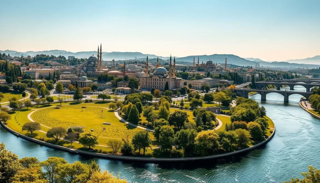 A panoramic view of the picturesque Eskisehir cityscape, bathed in the warm glow of a pleasant afternoon sun. In the foreground, the winding Porsuk River flows serenely, its banks flanked by lush green parks and promenades. In the middle ground, the city's iconic Ottoman-era architecture stands tall, with domed mosques and historic bridges casting intricate shadows. The background is dominated by the rolling hills and forests that surround the city, creating a serene and inviting atmosphere. The image should be captured with a wide-angle lens to showcase the grand scale and stunning natural setting of this captivating Turkish destination.