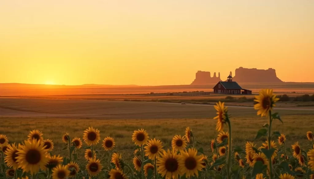 A panoramic view of the rolling prairie of North Dakota, bathed in the warm glow of a golden sunset. In the foreground, a field of sunflowers sways gently in the breeze, their vibrant petals reaching towards the sky. In the middle ground, a picturesque farmhouse and barn stand against the backdrop of the Badlands, their rugged, sculptural formations silhouetted against the horizon. The scene is illuminated by soft, diffused lighting, creating a peaceful, serene atmosphere that captures the tranquil essence of the state in the best time to visit.