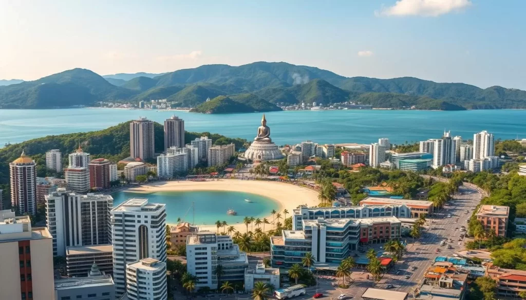 A panoramic view of the vibrant coastal city of Pattaya, Thailand, set against a backdrop of sparkling azure waters and lush, verdant hills. In the foreground, bustling streets lined with towering skyscrapers, hotels, and bustling shops. The middle ground showcases the iconic Pattaya Beach, its pristine sands and swaying palm trees inviting visitors to bask in the warm tropical sun. In the distance, the majestic Phra Yai Buddha statue stands tall, overlooking the bustling metropolis. The scene is illuminated by soft, natural lighting, casting a warm, golden glow over the entire landscape. Captured through the lens of a wide-angle camera, this image conveys the vibrant energy and picturesque charm of this renowned tourist destination.