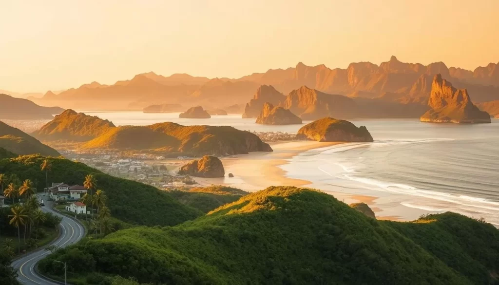 A panoramic vista of Taitung County unfolds, bathed in warm golden light. In the foreground, a scenic coastal road winds through verdant hills, dotted with quaint villages and towering palms. The middle ground showcases a pristine beach, its golden sands framed by striking cliffs and crashing waves. Beyond, the horizon is punctuated by jagged mountain peaks, their rugged silhouettes reflecting in a tranquil lake. The scene evokes a sense of peaceful exploration, inviting the viewer to discover the natural wonders of this beautiful Taiwanese region.