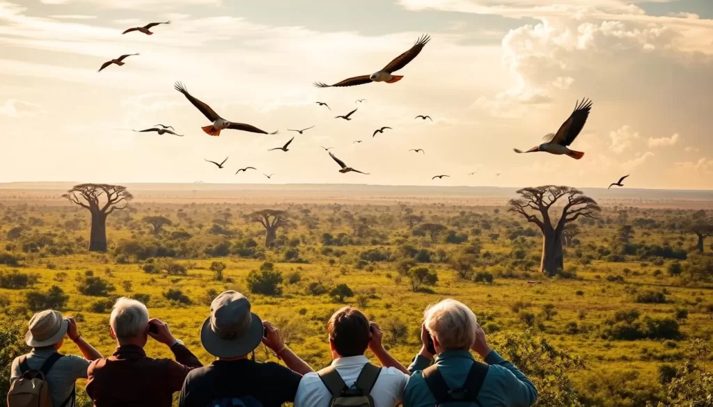 A panoramic vista of Tarangire National Park, with towering baobab trees dotting the lush, verdant landscape. In the foreground, a group of avid birdwatchers, binoculars in hand, observe a flurry of feathered wonders, from vibrant lilac-breasted rollers to majestic martial eagles soaring overhead. The warm, golden light filters through wispy clouds, casting a serene, tranquil atmosphere. Capture the essence of this birdwatching paradise, where over 550 species await discovery amidst the park's diverse habitats.