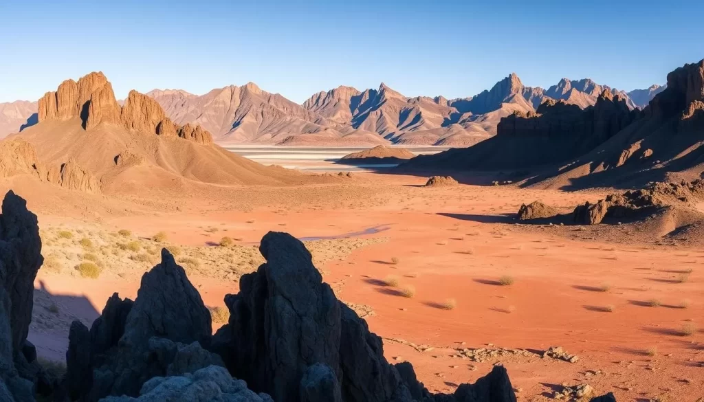 A panoramic vista of the Richtersveld National Park's rugged, arid landscape. In the foreground, towering granite peaks and jagged rock formations cast dramatic shadows across the ochre-colored earth. Midground features a sparse, drought-resistant vegetation dotting the desert floor, creating a serene, almost lunar atmosphere. The background showcases the park's signature mountain ranges, their jagged silhouettes bathed in warm, golden sunlight. Capture this scene with a wide-angle lens, emphasizing the vast, otherworldly scale of this unique African mountain desert.