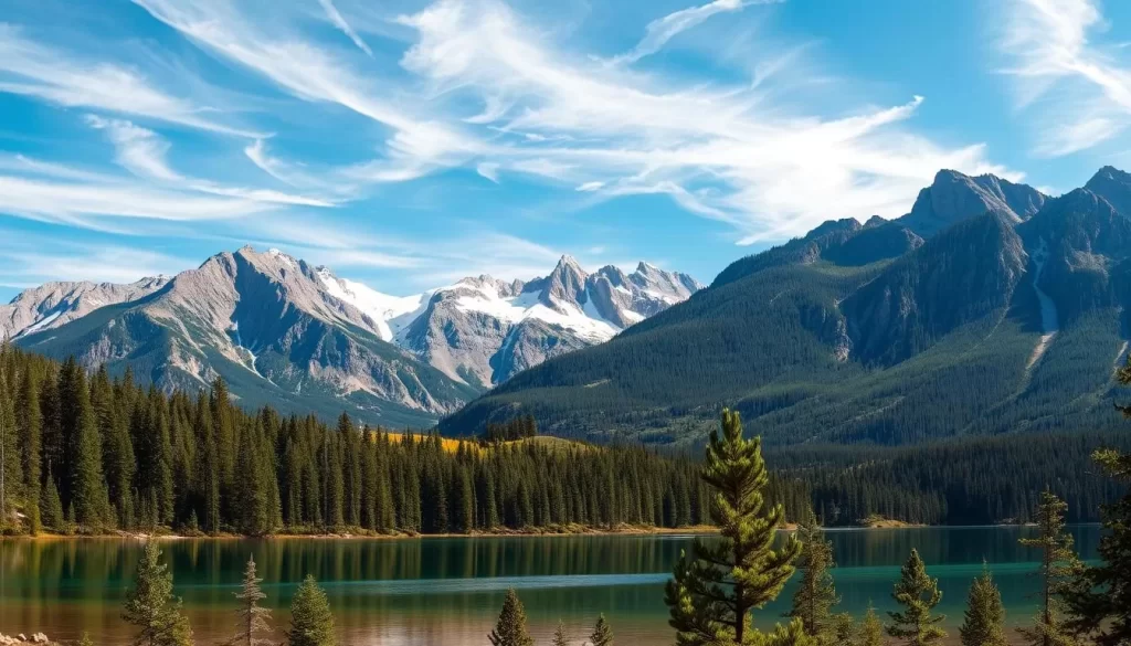 A panoramic vista of the Stanley, Idaho mountain paradise. In the foreground, a crystalline alpine lake reflects the majestic peaks towering above. Lush evergreen forests line the shoreline, their canopies gently swaying in the soft breeze. The middle ground showcases rugged granite mountains, their snow-capped summits glowing in the warm afternoon sunlight. Wispy clouds drift across a brilliant azure sky, casting soft shadows over the landscape. The overall scene conveys a tranquil, serene atmosphere, inviting the viewer to explore this stunning natural wonder.