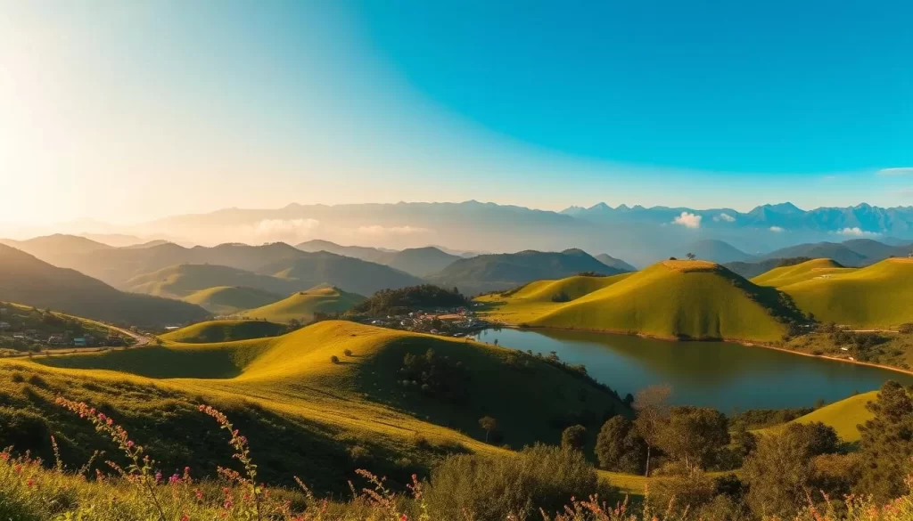 A panoramic vista of the lush, rolling hills of Tamil Nadu's picturesque hill stations bathed in warm, golden sunlight. In the foreground, a tranquil lake reflects the surrounding verdant slopes dotted with colorful wildflowers. The middle ground features clusters of traditional South Indian cottages nestled amidst towering, mist-shrouded peaks. The background showcases a breathtaking mountain range, its majestic silhouettes cut against a vibrant azure sky. Capture the serene, idyllic atmosphere of this sublime summer landscape through a wide-angle lens, conveying a sense of peaceful solitude and natural harmony.