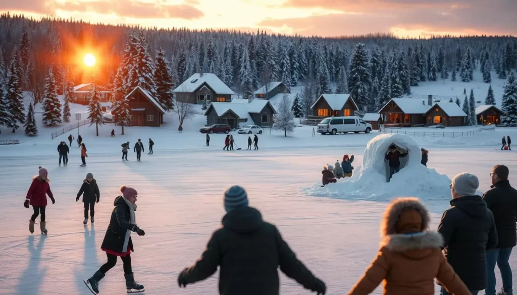 A panoramic winter wonderland scene set in Minnesota's picturesque landscape. In the foreground, people are ice skating on a frozen lake, their laughter and the sound of blades gliding across the ice filling the air. In the middle ground, a group of friends are building a snow fort, their rosy cheeks and glistening snowflakes creating a joyful, playful atmosphere. In the background, a quaint town with cozy cabins and twinkling holiday lights nestled among snow-capped pine trees. The warm, golden glow of the setting sun bathes the entire scene in a soft, magical light, casting long shadows and a sense of peaceful tranquility.