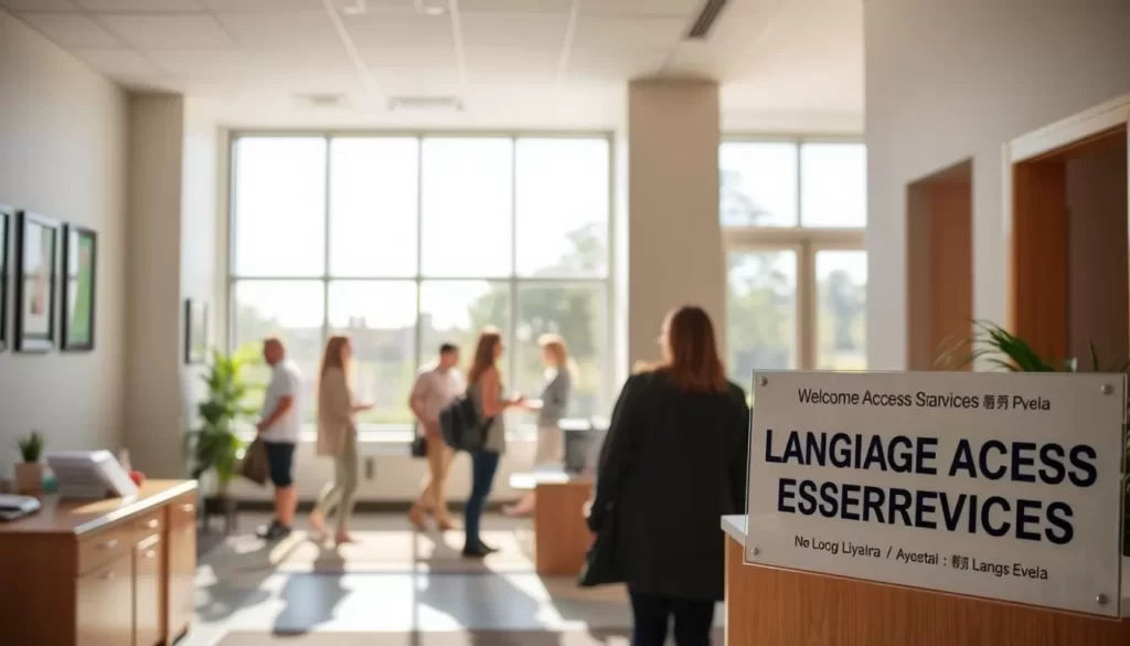 A peaceful office interior on a bright, sunny day. The foreground features a receptionist desk with a welcoming sign reading "Language Access Services" in multiple languages. The middle ground showcases a diverse group of people waiting or conversing, representing different demographics. The background depicts large windows allowing natural light to flood the space, creating a warm and inviting atmosphere. The scene conveys a sense of accessibility, inclusivity, and a commitment to language services within a professional yet approachable setting.
