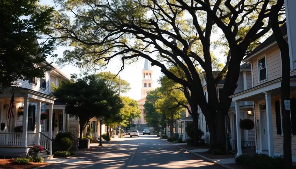 A peaceful, sun-dappled street in the historic heart of Cranston, Rhode Island. Quaint colonial-style houses line the sidewalks, their charming facades and well-tended gardens inviting exploration. In the distance, the steeple of a picturesque church rises, its bell tower bathed in warm afternoon light. Towering oak trees cast gentle shadows across the scene, creating a serene and welcoming atmosphere. The overall mood is one of small-town tranquility, capturing the essence of this New England community. Shot with a wide-angle lens to showcase the depth and character of the neighborhood.