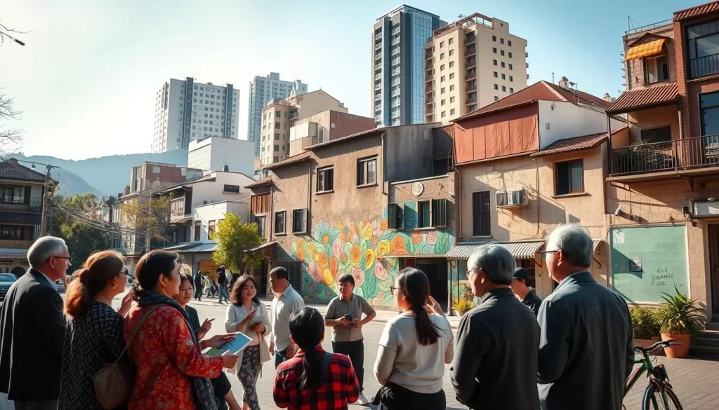 A peaceful town square in Hsinchu County, Taiwan, bathed in warm sunlight. In the foreground, a group of people of all ages engaged in a lively discussion, gesturing animatedly as they share stories and ideas about preserving their local language and culture. In the middle ground, a colorful mural depicting vibrant traditional motifs adorns the side of a building, serving as a backdrop to the scene. In the background, a mix of modern and historic architecture stands tall, symbolizing the balance between progress and heritage. The atmosphere is one of community, collaboration, and a shared commitment to language revitalization efforts.