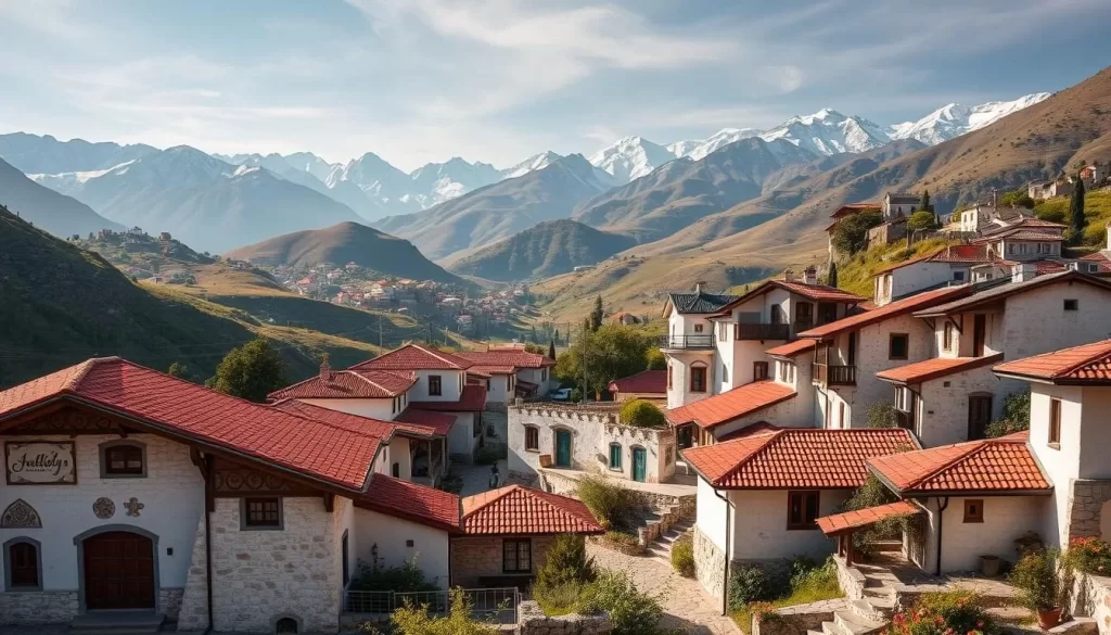 A picturesque Alevi village nestled in the lush, rolling hills of Munzur Valley National Park, Turkey. In the foreground, traditional whitewashed stone houses with intricate wooden carvings dot the landscape, their red-tiled roofs gleaming in the warm sunlight. Middle-ground features a bustling central square, where locals gather to socialize and conduct daily activities. The background showcases the majestic Munzur Mountains, their snow-capped peaks casting dramatic shadows across the scene. Vibrant flowers and verdant foliage adorn the winding streets, creating a serene, inviting atmosphere. Soft, diffused lighting illuminates the village, evoking a timeless, rustic charm. Capture the essence of this picturesque Alevi community, a living testament to the region's rich cultural heritage.
