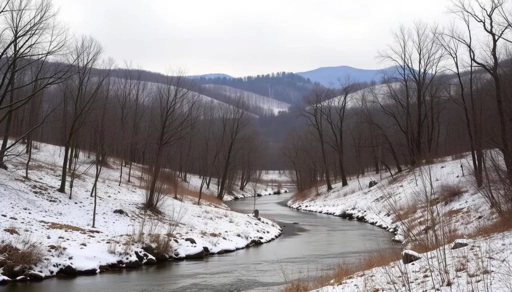 A picturesque Arkansas winter landscape, with a gentle dusting of snow blanketing the rolling hills and leafless trees. In the foreground, a tranquil stream meanders through the serene scene, its waters reflecting the soft, overcast sky. Scattered throughout the middle ground, clusters of bare-branched deciduous trees stand tall, their intricate silhouettes creating a captivating contrast against the muted palette. In the distance, the gently undulating horizon is punctuated by the occasional evergreen, hinting at the region's diverse flora. The overall atmosphere is one of quiet contemplation, inviting the viewer to immerse themselves in the subtle beauty of an Arkansas winter day.