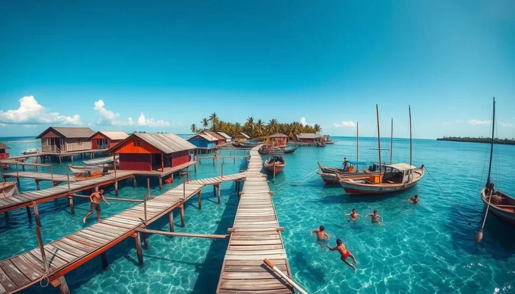A picturesque Bajau Laut stilt village nestled along the azure waters of Mabul Island, Malaysia. Vibrant wooden huts and platforms stand above the serene lagoon, connected by a network of weathered walkways. Traditional outrigger boats sway gently, their hulls reflecting the dazzling tropical sunlight. Fishermen cast their nets, while children playfully dive into the crystal-clear shallows. In the distance, palm trees sway in the gentle breeze, creating a tranquil, island atmosphere. Capture the essence of this unique, floating community through a wide-angle, cinematic lens, showcasing the harmonious coexistence of man and nature.