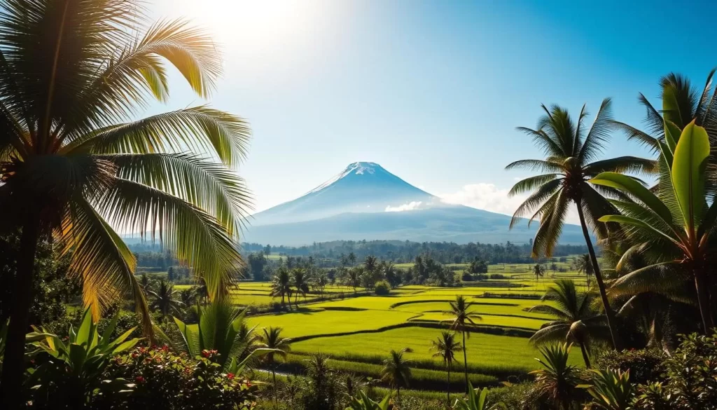 A picturesque Balinese landscape on a sun-drenched day. In the foreground, a lush tropical paradise with swaying palm trees and vibrant foliage. In the middle ground, a serene rice paddy field, its verdant terraces undulating gently. In the background, a majestic volcano rises, its snow-capped peak piercing the azure sky. The warm, diffused lighting casts a golden glow over the scene, creating a sense of tranquility and timelessness. The camera captures this idyllic moment with a wide-angle lens, conveying the expansive beauty of Bali's weather-perfect landscape.