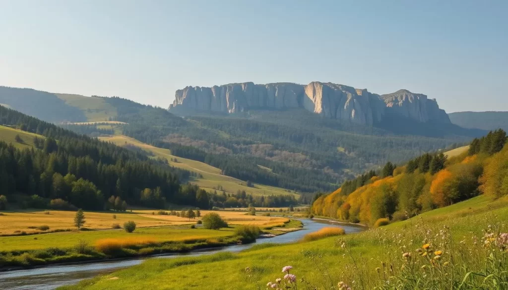 A picturesque Belgian Ardennes landscape on a sunny day. In the foreground, a serene river winds through lush, verdant meadows dotted with wildflowers. Rolling, forested hills rise in the middle ground, their slopes painted in a tapestry of greens, golds, and autumnal hues. Towering, rugged cliffs cast dramatic shadows in the background, their limestone faces glowing in the warm, golden light. A hazy, atmospheric sky overhead completes the scene, creating a sense of tranquility and natural wonder. Capture this scenic, unspoiled region of Belgium with a cinematic, wide-angle lens to fully immerse the viewer in its captivating beauty.