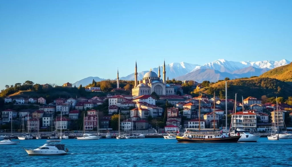 A picturesque Black Sea cityscape of Trabzon, Turkey. In the foreground, a bustling harbor with fishing boats and yachts bobbing gently on the azure waters. Nestled on the hilly slopes, traditional Ottoman-style homes with red-tiled roofs dot the landscape. The middle ground reveals the grand Hagia Sophia Cathedral, its Byzantine architecture bathed in warm, golden sunlight. In the background, the majestic Kaçkar Mountains rise up, their snow-capped peaks piercing the clear, azure sky. The scene exudes a sense of tranquility and timeless charm, inviting the viewer to discover the hidden gems of this enchanting Black Sea city.