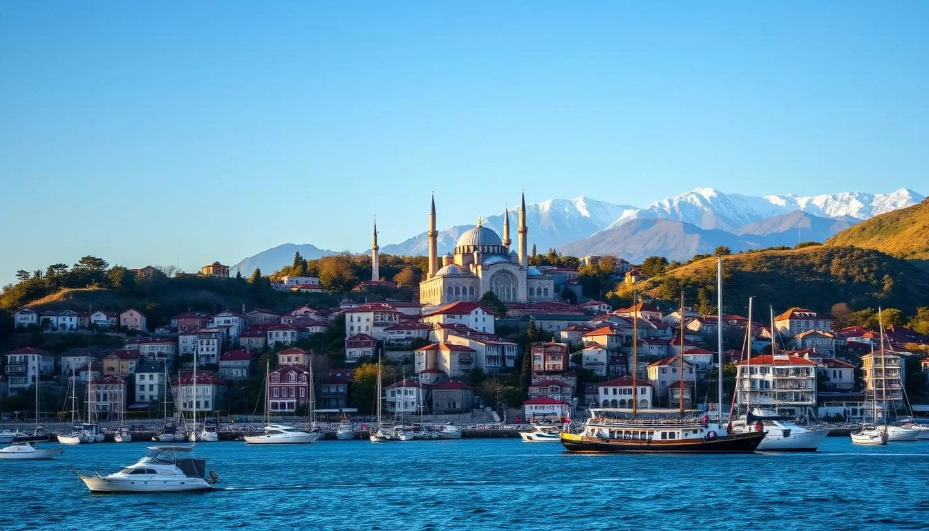 A picturesque Black Sea cityscape of Trabzon, Turkey. In the foreground, a bustling harbor with fishing boats and yachts bobbing gently on the azure waters. Nestled on the hilly slopes, traditional Ottoman-style homes with red-tiled roofs dot the landscape. The middle ground reveals the grand Hagia Sophia Cathedral, its Byzantine architecture bathed in warm, golden sunlight. In the background, the majestic Kaçkar Mountains rise up, their snow-capped peaks piercing the clear, azure sky. The scene exudes a sense of tranquility and timeless charm, inviting the viewer to discover the hidden gems of this enchanting Black Sea city.