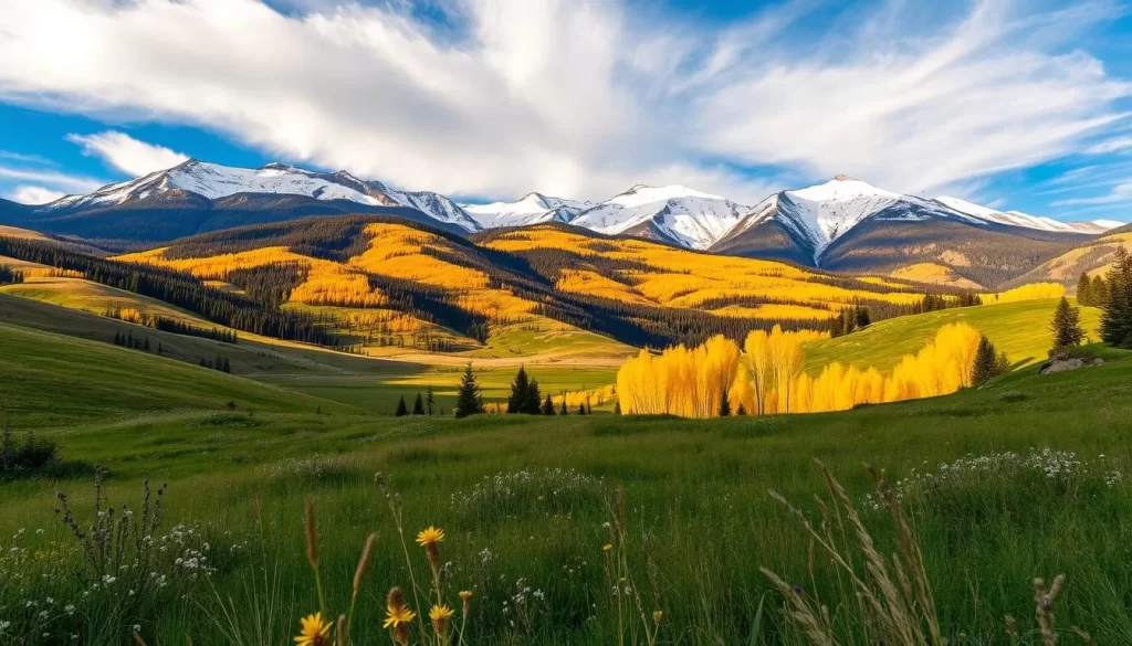 A picturesque Colorado landscape showcasing the region's diverse weather. In the foreground, lush meadows dotted with wildflowers sway gently in a soft breeze. The middle ground features rolling hills, their slopes covered in a patchwork of evergreen forests and golden aspen groves. Towering snow-capped mountains rise majestically in the background, their peaks piercing the clear azure sky. Warm, diffused sunlight filters through wispy clouds, casting a serene, golden glow over the entire scene. A sense of tranquility and natural harmony pervades the image, capturing the essence of Colorado's dynamic and ever-changing weather patterns.