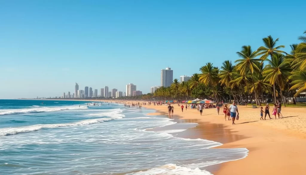 A picturesque Durban beach on a sunny day, with azure waves gently lapping at the golden sands. In the foreground, people stroll leisurely, enjoying the refreshing sea breeze. Families gather around colorful beach umbrellas, while surfers ride the rolling swells. Towering palm trees line the coastline, casting warm shadows on the beachgoers below. In the distance, the iconic skyline of Durban's city center rises, a testament to the vibrant urban landscape that complements the natural beauty of this coastal gem. The scene is bathed in a soft, golden light, creating a serene and inviting atmosphere that captures the essence of Durban's picturesque beach.
