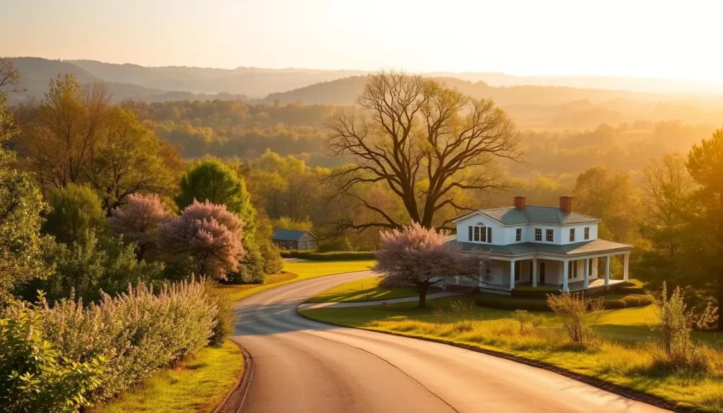 A picturesque Georgia landscape in the spring, with vibrant green foliage and blooming pink cherry blossoms lining a winding country road. A warm, golden afternoon sun casts a soft, diffused glow, creating a serene and inviting atmosphere. In the middle ground, a historic white-columned plantation home stands tall, its stately architecture reflecting the region's rich heritage. In the distance, rolling hills and lush forests create a tranquil, pastoral backdrop, hinting at the abundant natural beauty that awaits visitors. The overall scene conveys the perfect balance of Southern charm, natural splendor, and ideal weather that makes Georgia a premier travel destination.
