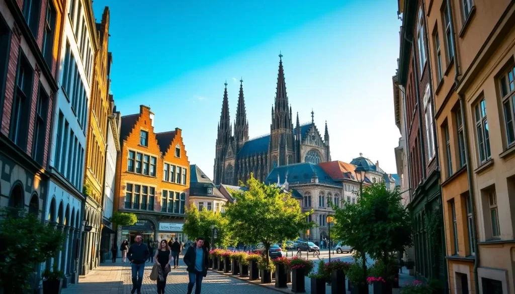 A picturesque Ghent streetscape bathed in warm afternoon sunlight, showcasing the historic city's iconic architecture. In the foreground, pedestrians stroll along cobblestone paths, taking in the quaint charm of the medieval buildings. The middle ground features the grand spires of St. Bavo's Cathedral, its Gothic splendor rising majestically against a clear, azure sky. Lush greenery and blooming flowers line the streets, adding vibrant pops of color to the serene urban landscape. The scene conveys the tranquil atmosphere and timeless allure that make Ghent an idyllic destination for a walking tour, perfect for visitors seeking to immerse themselves in the city's captivating heritage.