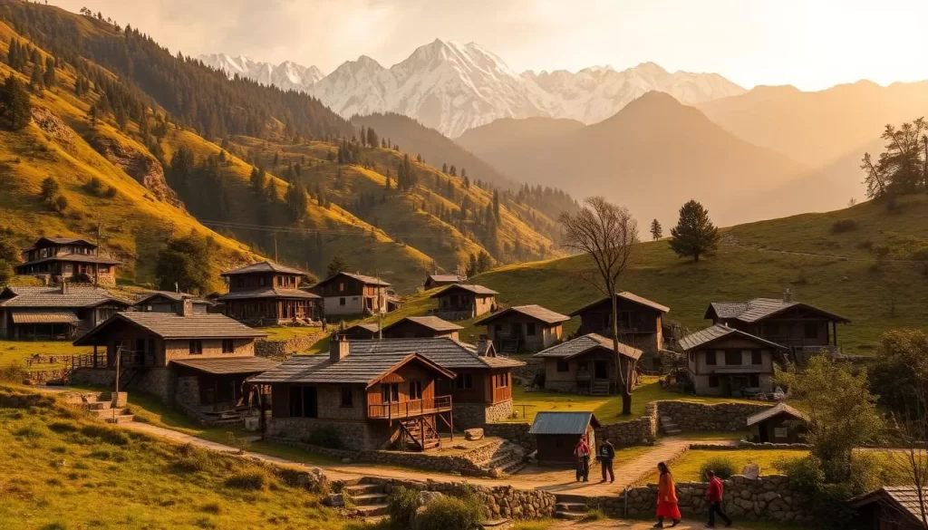 A picturesque Kumaoni village nestled in the lush, rolling Himalayan foothills. Cozy stone and timber cottages dot the landscape, their traditional architecture blending seamlessly with the rugged, verdant terrain. In the foreground, colorfully dressed locals engage in daily activities, their vibrant costumes and casual gestures conveying a sense of cultural vitality. Towering snow-capped peaks rise majestically in the background, bathed in warm, golden sunlight that imbues the scene with a tranquil, serene atmosphere. The overall composition evokes the timeless essence of the Kumaoni language and its vibrant, time-honored heritage.