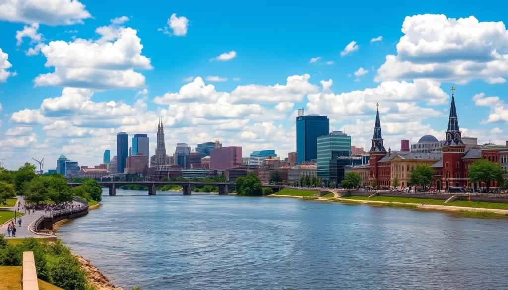 A picturesque Louisville cityscape on a pleasant day, with the iconic skyline of high-rise buildings and skyscrapers rising majestically against a vibrant blue sky dotted with fluffy white clouds. In the foreground, the serene Ohio River flows peacefully, its gentle waters reflecting the architectural wonders of the city. Along the riverbanks, pedestrians stroll past lush greenery and local landmarks, capturing the charming ambiance of this vibrant urban center. The mid-ground features a bustling downtown area, with historic buildings, bustling streets, and the distinctive spires of churches adding to the rich character of the scene. The overall atmosphere conveys a sense of balance between modern progress and timeless tradition, inviting the viewer to explore the captivating essence of Louisville.