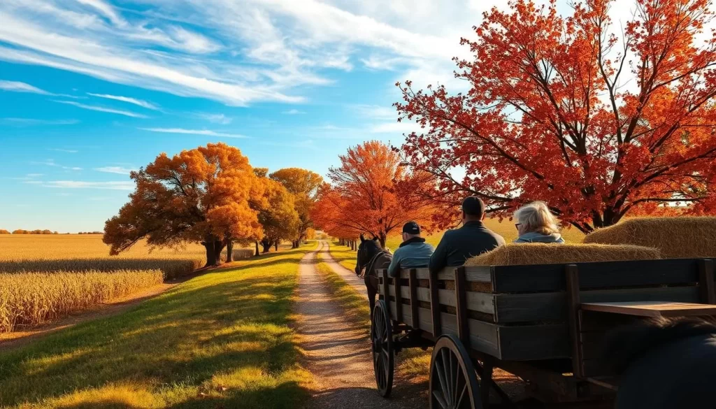 A picturesque Nebraska City autumn scene, a horse-drawn hayrack ride winding through a vibrant landscape. In the foreground, the rustic wooden wagon is filled with golden hay bales, passengers bundled up and enjoying the crisp air. The middle ground features a quaint country road lined with towering oak trees, their leaves ablaze in shades of red and orange. In the background, a sprawling cornfield stretches out under a clear blue sky, wispy clouds overhead. The lighting is warm and golden, creating a cozy, nostalgic atmosphere. Capture the essence of this quintessential Midwest seasonal activity with a classic, timeless feel. A picturesque Nebraska City autumn scene, a horse-drawn hayrack ride winding through a vibrant landscape. In the foreground, the rustic wooden wagon is filled with golden hay bales, passengers bundled up and enjoying the crisp air. The middle ground features a quaint country road lined with towering oak trees, their leaves ablaze in shades of red and orange. In the background, a sprawling cornfield stretches out under a clear blue sky, wispy clouds overhead. The lighting is warm and golden, creating a cozy, nostalgic atmosphere. Capture the essence of this quintessential Midwest seasonal activity with a classic, timeless feel.