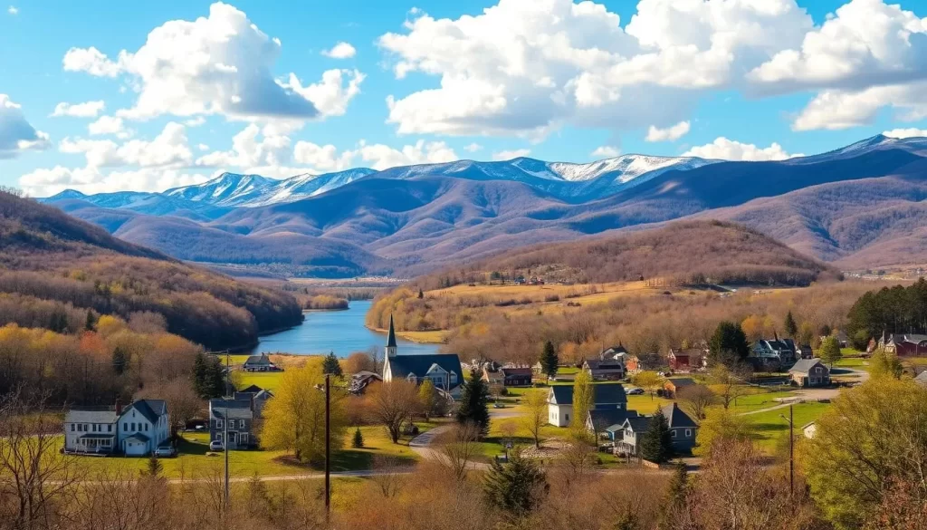 A picturesque New England landscape on a mild and breezy spring day. In the foreground, a charming rural town nestled among rolling hills, with quaint colonial-style houses, churches, and tree-lined streets. The middle ground features a scenic river winding through the countryside, its banks dotted with lush greenery and blooming wildflowers. In the background, a range of majestic mountains capped with a dusting of snow, their slopes bathed in warm, golden sunlight. Fluffy white clouds drift across a bright, azure sky, casting soft shadows on the tranquil scene below. The overall atmosphere is one of serene beauty and New England pastoral charm.