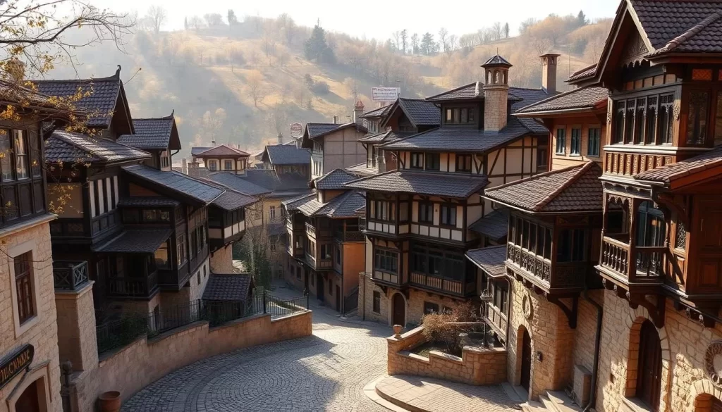A picturesque Ottoman-style townscape nestled in the rolling hills of Safranbolu, Turkey. Quaint, multistory houses with distinctive timber-framed construction and sharply pitched roofs dot the landscape, their facades adorned with ornate woodcarvings and intricate stone details. Sunlight filters through the trees, casting a warm, golden glow across the scene. In the foreground, a cobblestone street winds between the buildings, inviting the viewer to stroll through this architectural wonder. The overall atmosphere is one of timeless charm and historical elegance, capturing the essence of Safranbolu's cherished architectural heritage.