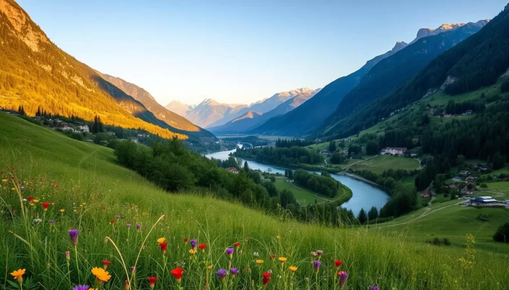 A picturesque Rhine Valley vista showcasing the natural beauty of Mauren, Liechtenstein. In the foreground, a lush, verdant meadow dotted with vibrant wildflowers sways gently in a warm summer breeze. The middle ground features a winding river, its sparkling waters reflecting the towering, tree-covered slopes that rise up on either side. In the distance, the majestic Alps stretch across the horizon, their snow-capped peaks bathed in golden, late-afternoon sunlight. The scene exudes a sense of peaceful tranquility, inviting the viewer to immerse themselves in the serene, unspoiled landscapes of this picturesque region.