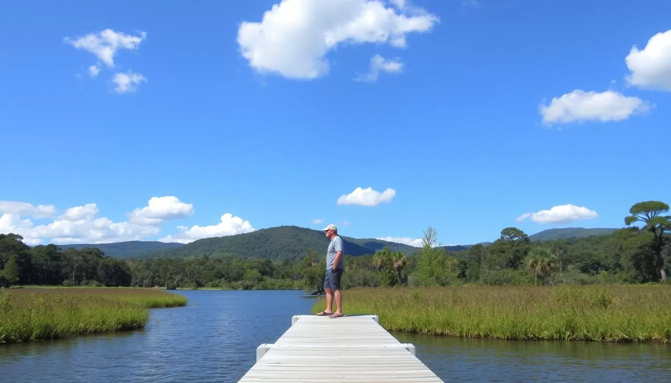 A picturesque South Carolina landscape on a pleasant day, with a clear blue sky and fluffy white clouds. In the foreground, a person standing on a wooden dock, gazing out at a tranquil lake or river, planning their weather-savvy trip. The middle ground features lush, verdant vegetation and trees, capturing the natural beauty of the region. In the background, rolling hills or mountains create a serene and inviting backdrop. The lighting is soft and natural, casting a warm glow over the scene. The overall mood is one of relaxation, exploration, and appreciation for the region's favorable weather conditions.