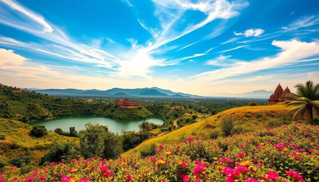 A picturesque Tamil Nadu landscape during the ideal travel season. A panoramic vista of lush, verdant hills dotted with vibrant flowers in the foreground, leading to a tranquil lake reflecting the azure sky. In the distance, ancient temples and historic architecture rise majestically, bathed in warm, golden sunlight. Wispy clouds drift overhead, casting gentle shadows on the serene scene. The overall atmosphere evokes a sense of timeless beauty, inviting the viewer to explore the cultural richness and natural wonders of this captivating region.