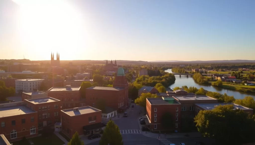 A picturesque Tuscaloosa cityscape basking in warm, golden sunlight. In the foreground, a bustling downtown with charming brick buildings, quaint shops, and cafes lining the streets. In the middle ground, the iconic spires of the University of Alabama campus rise majestically, surrounded by lush greenery. In the background, the serene waters of the Black Warrior River wind through the landscape, with rolling hills and a clear, blue sky providing a stunning backdrop. The scene radiates a sense of Southern hospitality, historic charm, and a vibrant, thriving community.