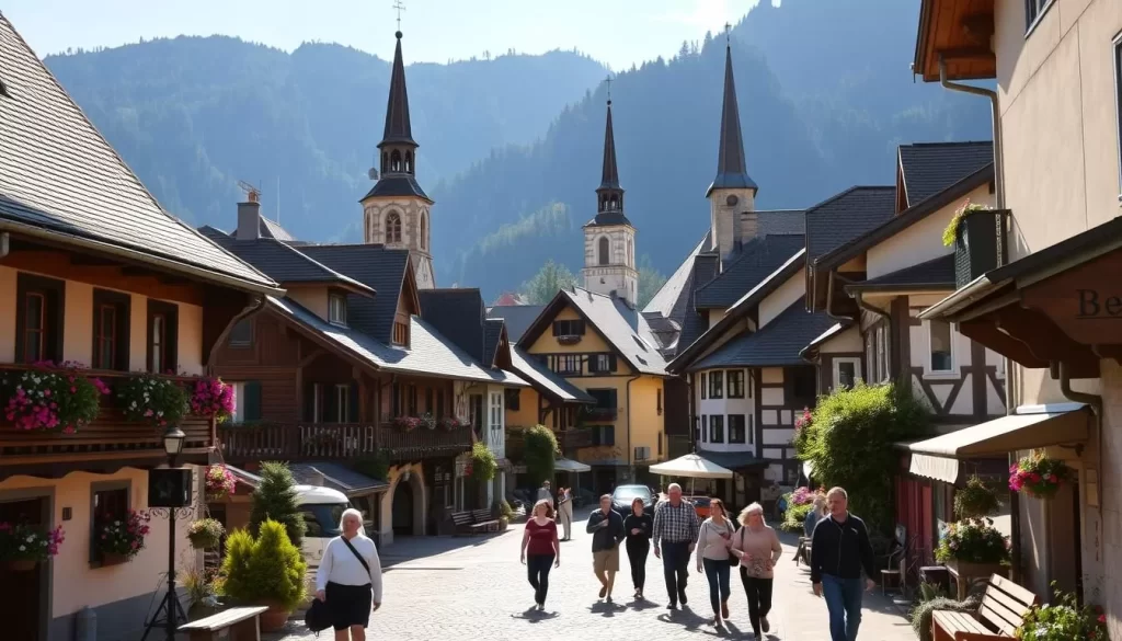 A picturesque Tyrolean village nestled in the Austrian Alps, bathed in warm, golden sunlight. Quaint, alpine-style houses with wooden facades and steep, tiled roofs line narrow, cobblestone streets. Church steeples and bell towers punctuate the skyline, their ornate architecture reflecting the region's rich cultural heritage. Flower-filled window boxes and lush greenery add pops of vibrant color, while wooden benches and traditional Tyrolean decor create a cozy, inviting atmosphere. In the foreground, locals and visitors stroll leisurely, immersed in the charming, unhurried pace of village life. A serene, picturesque scene that captures the essence of cultural experiences in Alpbach, Austria.