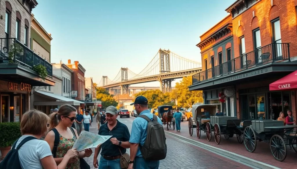 A picturesque Vicksburg street scene, with historic buildings and landmarks lining the sidewalks. In the foreground, a group of tourists consulting a map and guidebook, planning their Vicksburg itinerary. The mid-ground features quaint cafes, boutiques, and horse-drawn carriages, creating an atmosphere of old-world charm. The background showcases the iconic Vicksburg Bridge and the winding Mississippi River, bathed in warm, golden afternoon light. Attention to architectural details, cobblestone paths, and lush greenery evokes the rich history and character of this charming Southern city.