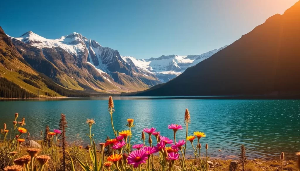 A picturesque alpine landscape bathed in warm, golden sunlight. Towering snowcapped peaks pierce the crisp, azure sky, their majestic slopes dotted with lush evergreen forests. In the foreground, a tranquil alpine lake reflects the surrounding mountains, its crystal-clear waters shimmering with gentle ripples. Vibrant wildflowers sway in the gentle breeze, adding pops of color to the serene scene. The overall composition conveys a sense of peaceful solitude, inviting the viewer to immerse themselves in the natural beauty of this magnificent alpine area.