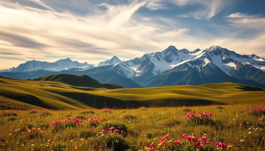 A picturesque alpine landscape in Colorado during the prime summer months. A lush meadow in the foreground, carpeted with vibrant wildflowers swaying in a gentle breeze. Majestic snow-capped peaks rise in the distance, their jagged silhouettes bathed in warm, golden sunlight. Wispy clouds drift overhead, casting soft, diffused shadows across the rolling hills. The scene exudes a sense of tranquility and natural beauty, inviting the viewer to immerse themselves in the serene, weather-perfect splendor of Colorado.