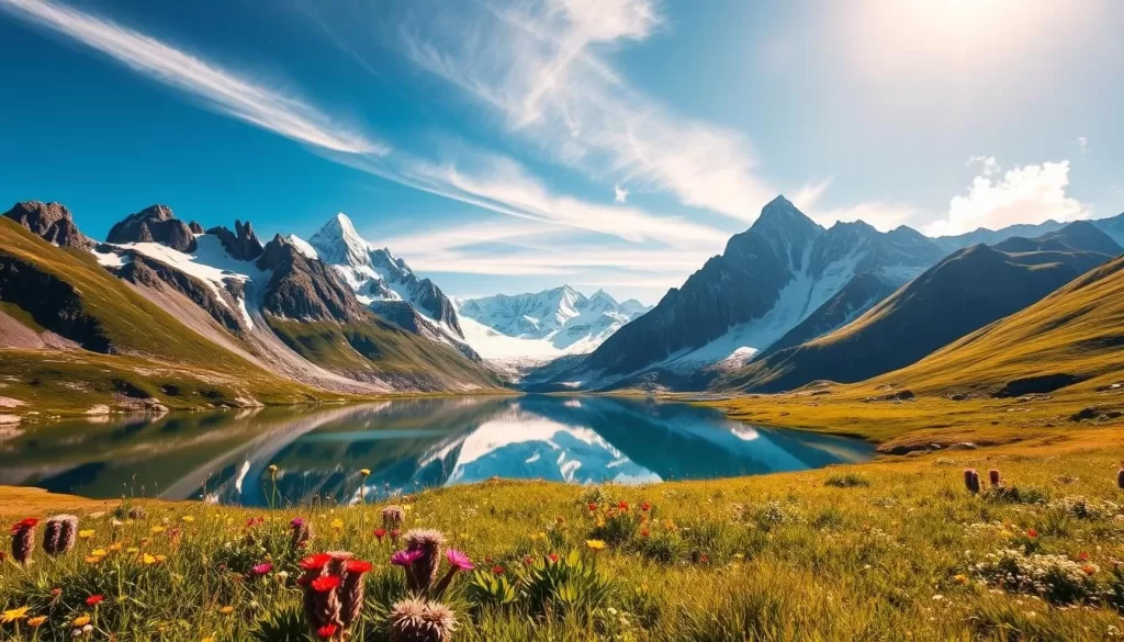 A picturesque alpine landscape in Gaflei, Liechtenstein, on a bright, sunny day. In the foreground, a lush meadow dotted with colorful wildflowers sways gently in the breeze. In the middle ground, towering snow-capped peaks rise majestically, their jagged edges cutting against the clear blue sky. Pristine glacial lakes reflect the surrounding mountains, creating a serene and mirror-like surface. Warm, golden sunlight filters through wispy clouds, casting a warm glow over the entire scene. The overall atmosphere is one of tranquility, natural beauty, and the grandeur of the alpine environment.