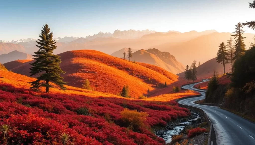 A picturesque autumn landscape in Sikkim, India. Rolling hills blanketed in vibrant hues of red, orange, and yellow foliage, with the majestic Himalayan peaks rising in the distance. A winding mountain road leads through the serene scene, flanked by tall evergreen trees and a babbling brook. Warm, golden sunlight filters through the canopy, casting a cozy glow over the tranquil setting. A sense of peaceful calm and natural beauty pervades the image, capturing the essence of Sikkim's best weather-savvy travel months of October and November.