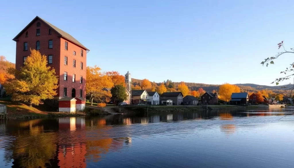A picturesque, autumn scene at the Red Mill Museum Village in Clinton, New Jersey. The historic, red-brick mill building stands prominently in the foreground, its reflection rippling in the calm waters of the Raritan River. Surrounding the mill are lush, fall-colored trees, casting warm, golden light on the scene. In the middle ground, quaint, period-accurate buildings dot the village, inviting visitors to explore its historic charm. The background features rolling hills and a clear, blue sky, creating a serene and tranquil atmosphere. Capture the essence of this seasonal festival and event destination through a meticulously detailed, realistic rendering.