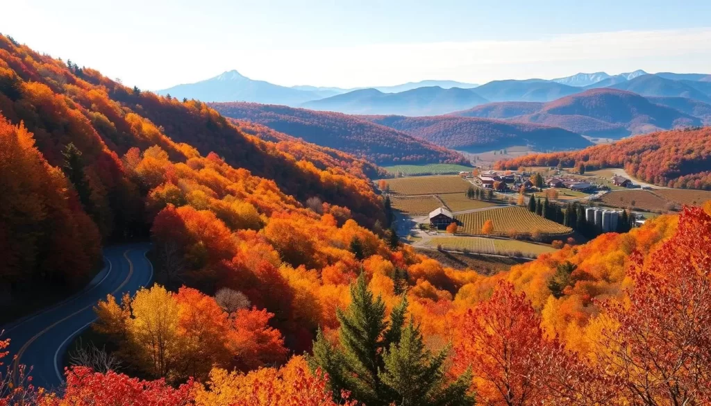 A picturesque autumn scene in the mountains of West Virginia, with a winding road cutting through a vibrant landscape. In the foreground, a lush forest canopy ablaze with hues of red, orange, and yellow. Sunlight filters through the leaves, casting a warm, golden glow. In the middle ground, rolling hills dotted with small farms and vineyards, their red barns and silos contrasting against the colorful foliage. In the distance, the majestic Blue Ridge Mountains rise up, their peaks capped with a light dusting of snow. The overall atmosphere is one of tranquility and natural beauty, capturing the essence of the region's fall harvest season.