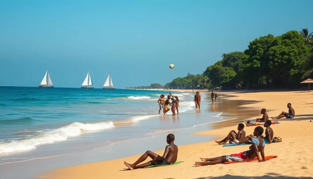 A picturesque beach along the Indian Ocean in Saadani National Park, Tanzania. In the foreground, sun-drenched beachgoers lounge on the golden sand, enjoying the gentle lapping of the waves. A group of local children play a game of volleyball, their laughter echoing in the warm, salt-tinged air. In the middle ground, traditional dhow sailboats dot the horizon, their white sails catching the soft breeze. The background features a lush, verdant tree line, casting gentle shadows on the scene. The lighting is soft and natural, creating a serene and inviting atmosphere. Capture this tranquil, quintessential East African beach experience with a crisp, high-resolution camera lens.
