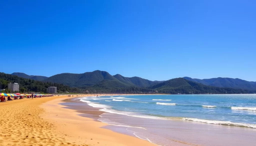 A picturesque beach in Knysna, South Africa, with golden sand and gently lapping waves under a vibrant blue sky. In the foreground, colorful beach umbrellas dot the shoreline, inviting visitors to relax and soak up the sun. The middle ground features a group of people strolling along the water's edge, their silhouettes contrasted against the sparkling ocean. In the background, lush green hills and forests rise up, creating a scenic backdrop for this idyllic coastal setting. The scene is bathed in warm, natural lighting, capturing the tranquil and inviting atmosphere of a perfect day at the beach.