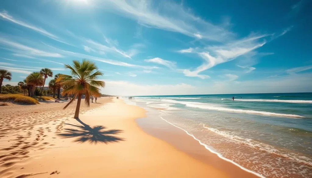 A picturesque beach scene along the South Carolina coastline, with crystal-clear turquoise waters lapping against pristine golden sands. Warm sunlight filters through wispy cirrus clouds, casting a gentle glow over the tranquil landscape. Palm trees sway in a gentle breeze, their fronds casting playful shadows on the beach. In the distance, beachgoers stroll along the shoreline, enjoying the perfect weather and serene atmosphere. The composition showcases the stunning natural beauty of the South Carolina coast, capturing the ideal conditions for a weather-savvy beach vacation.