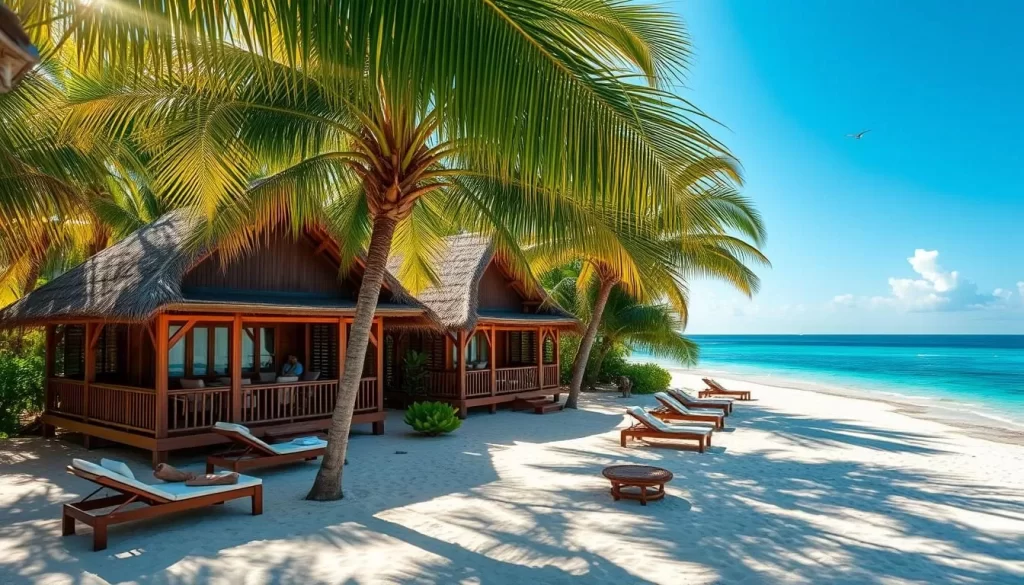 A picturesque beachfront resort nestled on the pristine shores of Mantanani Island, Malaysia. Serene wooden chalets with thatched roofs and open-air terraces stand in harmony with the lush tropical foliage and glistening azure waters. Warm sunlight filters through swaying palm fronds, casting a golden glow over the scene. Guests lounge on comfortable sun loungers, taking in the tranquil atmosphere and admiring the breathtaking views of the Sulu Sea. The resort's elegant design seamlessly blends with the island's natural beauty, creating an idyllic, relaxing retreat for those seeking a truly immersive island experience.