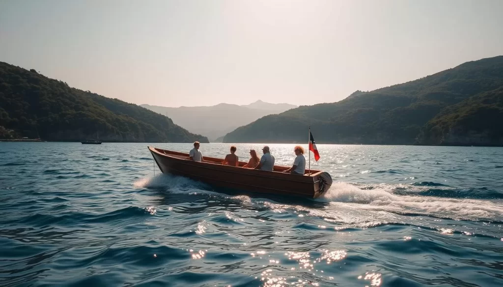 A picturesque boat trip on the tranquil waters of Suluada Island, Turkey. The wooden boat glides effortlessly, its passengers admiring the stunning natural beauty that surrounds them. In the foreground, sunlight dances on the rippling waves, while the middle ground reveals the lush, verdant shoreline with its rugged cliffs and hidden coves. In the background, the distant mountains rise majestically, their peaks bathed in a warm, golden glow. The atmosphere is serene and peaceful, inviting the viewer to imagine the sights, sounds, and gentle breezes of this idyllic island adventure.