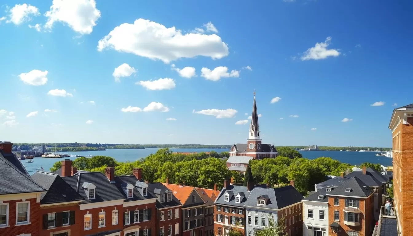 A picturesque cityscape of Annapolis, Maryland on a sunny day. In the foreground, charming colonial-style buildings line the cobblestone streets, their red brick and white trim gleaming in the warm light. In the middle ground, the historic Maryland State House and St. Anne's Church stand tall, their steeples casting shadows across the scene. Beyond, the sparkling waters of the Severn River and Chesapeake Bay stretch out, framed by the lush, verdant trees lining the shore. The sky is a brilliant blue, dotted with fluffy white clouds, creating a tranquil and inviting atmosphere. Capture the essence of Annapolis' picturesque charm and historic significance through a meticulously detailed, realistic cityscape.