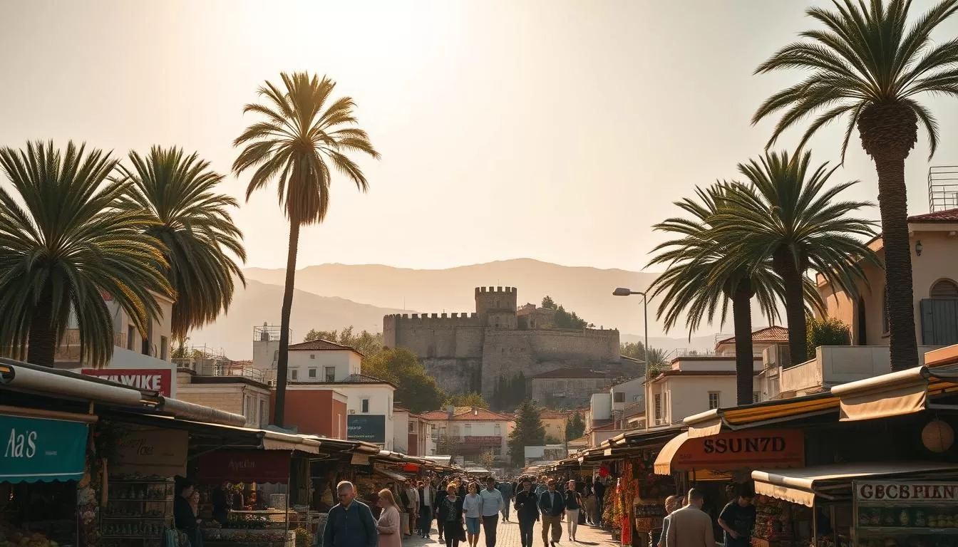 A picturesque cityscape of Aydın, Turkey, bathed in warm, golden sunlight. In the foreground, vibrant local markets showcase the region's bountiful produce and handicrafts, bustling with activity. The middle ground features the iconic Aydın Castle, its ancient stone walls and towers standing majestically against a backdrop of rolling hills. Towering palm trees sway gently in the soft breeze, enhancing the Mediterranean ambiance. In the distance, the silhouettes of the Baba Mountains rise up, creating a stunning natural backdrop to this charming city. The overall scene conveys a sense of timeless charm, inviting the viewer to explore the best that Aydın has to offer.